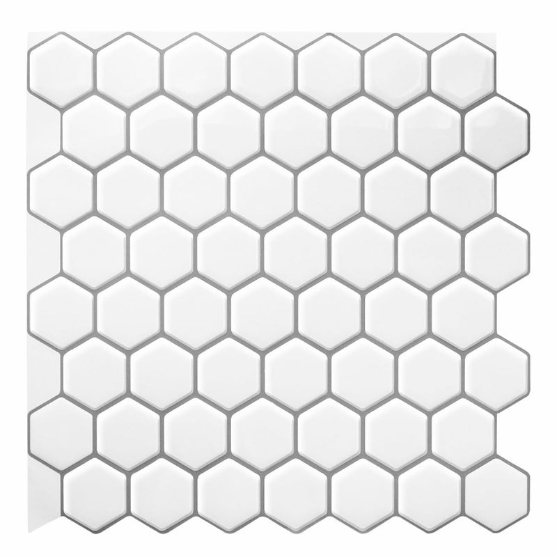 Decopus 3D Peel and Stick Tile (Hexagon White Glossy 10Pack, Thin & Flex Smart Tile for Kitchen, Bathroom, Car Camper - DIY Remodelling, Wall Decorations, No Grout Backsplash, Faux Marble, Skinny - Image 1